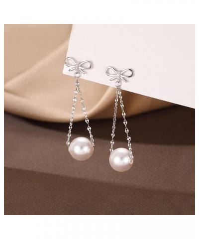 Sterling Silver Pearls Dangle Earrings Chain for Women Teen Girls Pearls Drop Earrings Bow Studs A-Silver $10.19 Earrings