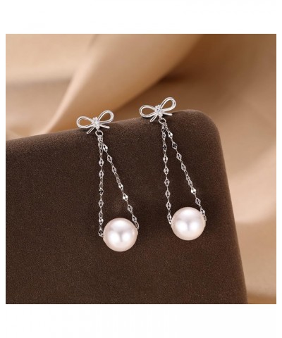 Sterling Silver Pearls Dangle Earrings Chain for Women Teen Girls Pearls Drop Earrings Bow Studs A-Silver $10.19 Earrings