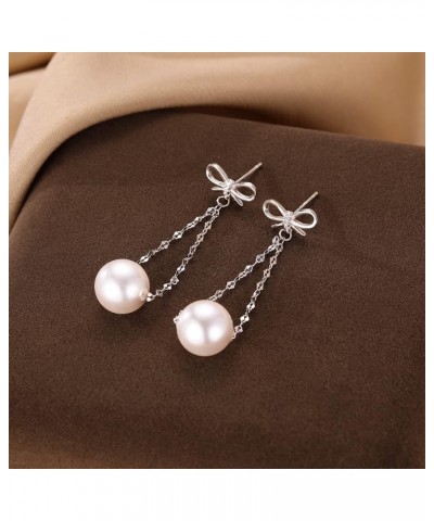 Sterling Silver Pearls Dangle Earrings Chain for Women Teen Girls Pearls Drop Earrings Bow Studs A-Silver $10.19 Earrings