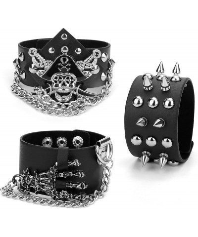 3 Pcs Spiked Studded Bracelet Rivet Punk Rock Biker Wide Strap Leather Bracelet Chain Wristband Rocker 80s Costumes for Men A...