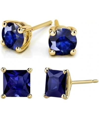 18k Yellow Gold 2 Pair Created Blue Sapphire 4mm, 6mm Round & Princess Cut Stud Earrings Plated 4mm $9.45 Earrings