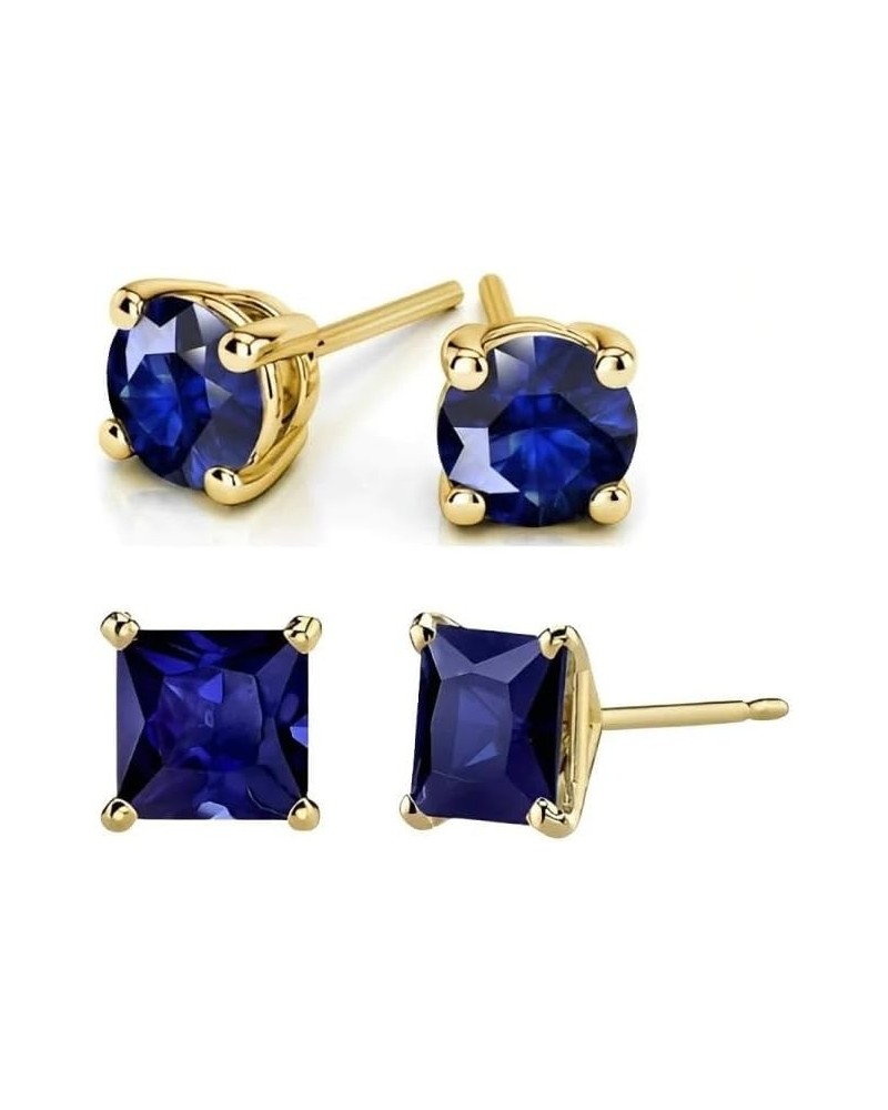 18k Yellow Gold 2 Pair Created Blue Sapphire 4mm, 6mm Round & Princess Cut Stud Earrings Plated 4mm $9.45 Earrings