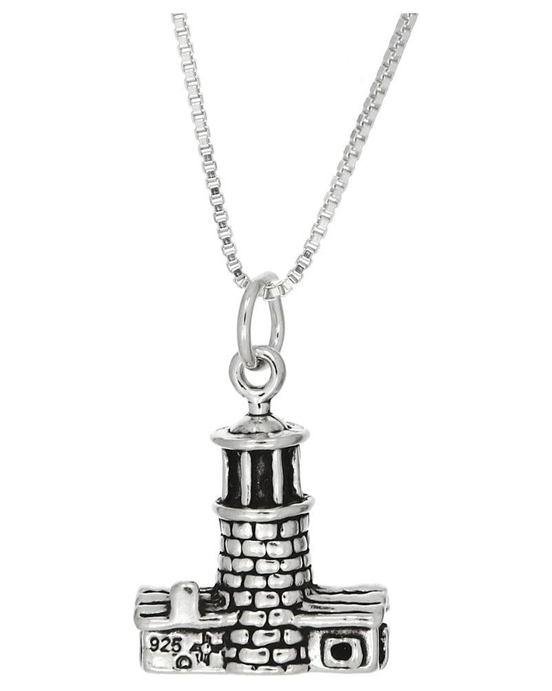 Sterling Silver Oxidized 3D Lighthouse with Two Houses Charm Pendant with Box Chain Necklace 30.0 Inches $16.76 Necklaces