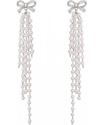 Women's Silver-tone Crystal Simulated Pearl 4 Chain Bridal Long Dangle Hook Earrings Ivory Color H-5 Chain Pearl Silver $11.9...