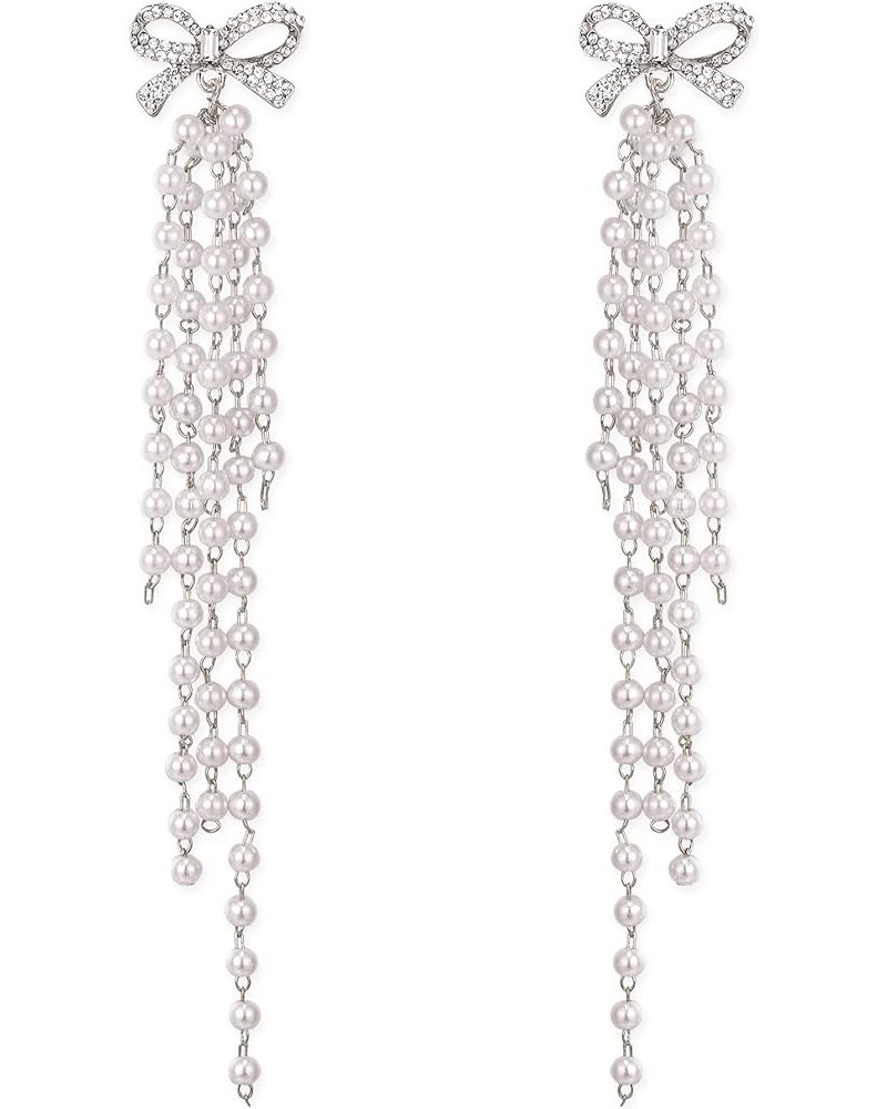 Women's Silver-tone Crystal Simulated Pearl 4 Chain Bridal Long Dangle Hook Earrings Ivory Color H-5 Chain Pearl Silver $11.9...