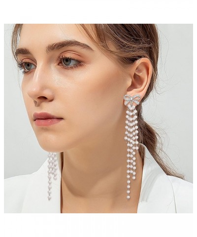 Women's Silver-tone Crystal Simulated Pearl 4 Chain Bridal Long Dangle Hook Earrings Ivory Color H-5 Chain Pearl Silver $11.9...