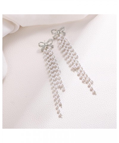 Women's Silver-tone Crystal Simulated Pearl 4 Chain Bridal Long Dangle Hook Earrings Ivory Color H-5 Chain Pearl Silver $11.9...