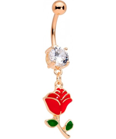 Womens 14G Stainless Steel Navel Ring Piercing Red Rose Flower Dangle Belly Button Ring Rose Gold Toned $10.99 Body Jewelry