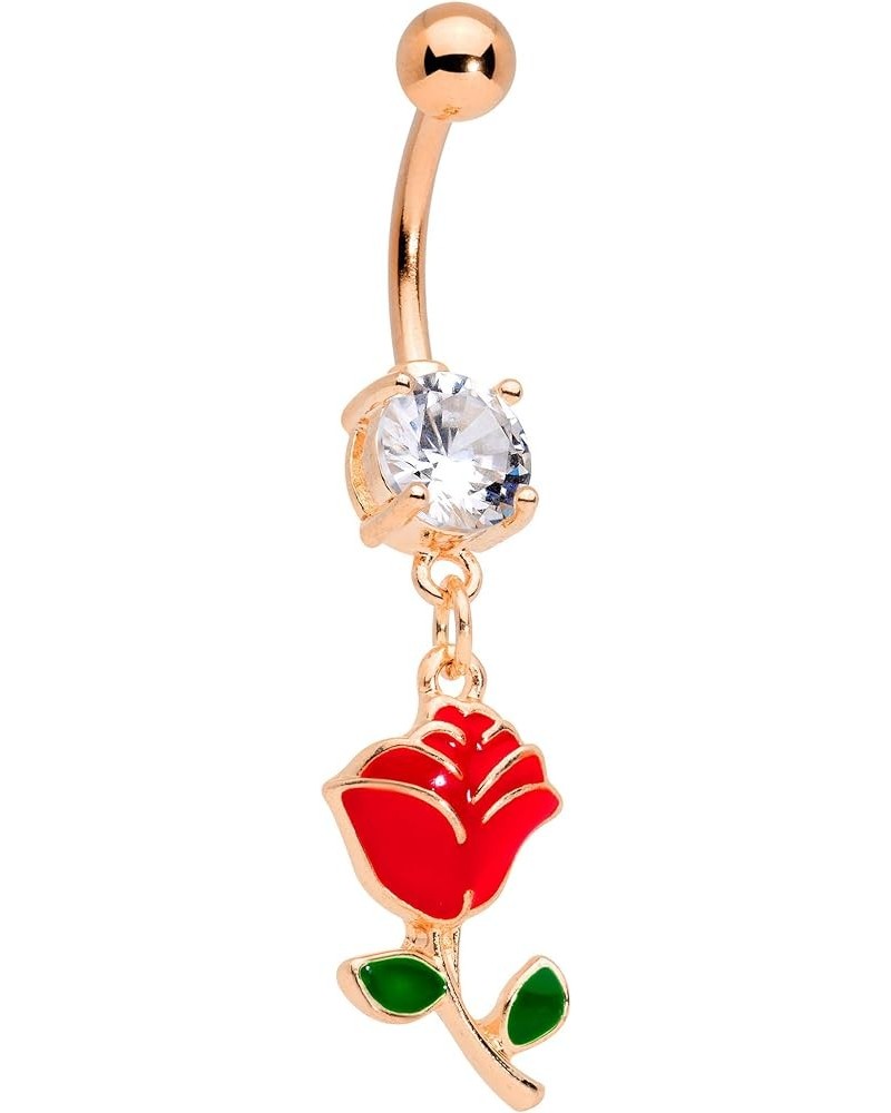 Womens 14G Stainless Steel Navel Ring Piercing Red Rose Flower Dangle Belly Button Ring Rose Gold Toned $10.99 Body Jewelry