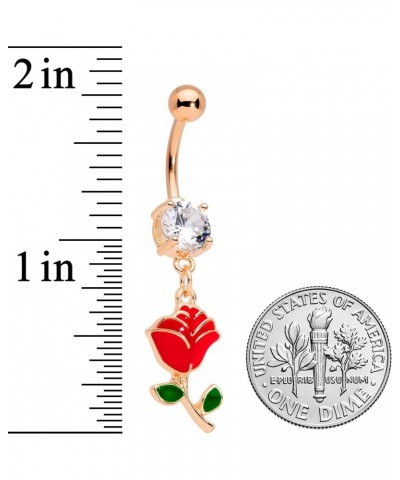 Womens 14G Stainless Steel Navel Ring Piercing Red Rose Flower Dangle Belly Button Ring Rose Gold Toned $10.99 Body Jewelry