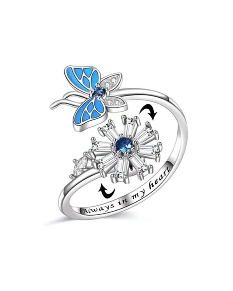 Fidget Anxiety Rings Butterfly Sunflower Adjustable Open Spinner Ring for Women Girl Blue Cubic Zirconia Always in My Heart S...