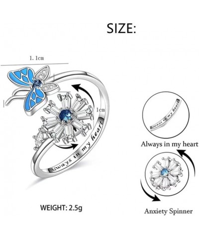 Fidget Anxiety Rings Butterfly Sunflower Adjustable Open Spinner Ring for Women Girl Blue Cubic Zirconia Always in My Heart S...