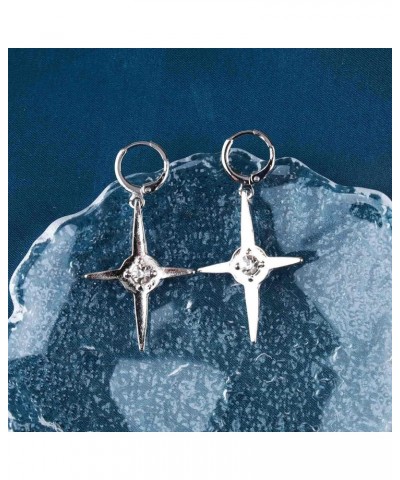 Punk Cross Star Dangle Drop Earrings Silver Vintage Rhinestone North Star Drop Earrings Minimalist Cross Star Dangle Small Ho...