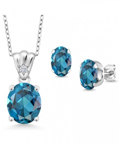 925 Sterling Silver London Blue Topaz and White Lab Grown Diamond Pendant and Earrings Jewelry Set For Women (7.24 Cttw, Gems...