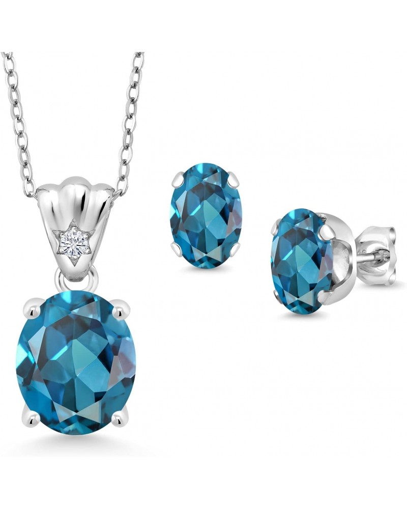 925 Sterling Silver London Blue Topaz and White Lab Grown Diamond Pendant and Earrings Jewelry Set For Women (7.24 Cttw, Gems...