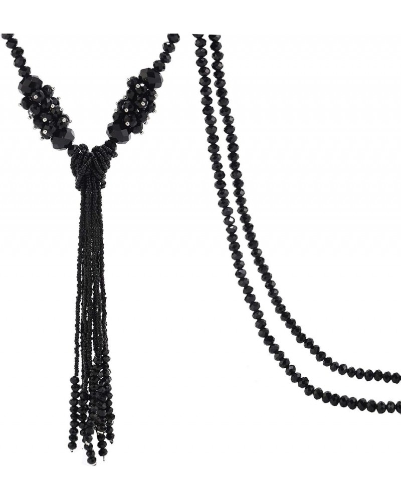 Multi-color Crystal Beads Strand Knot Long Beaded Tassel Necklace for Women Girls Black $11.39 Necklaces