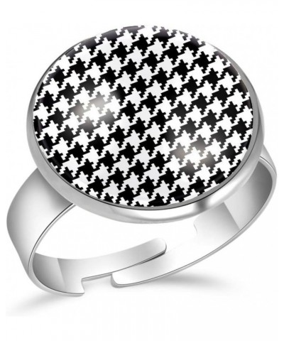 Black White Houndstooth Plaid Pattern Adjustable Rings for Women Girls, Stainless Steel Open Finger Rings Jewelry Gifts $10.4...