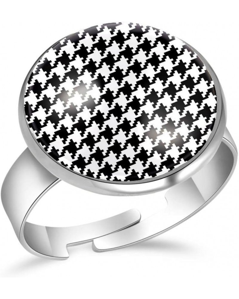 Black White Houndstooth Plaid Pattern Adjustable Rings for Women Girls, Stainless Steel Open Finger Rings Jewelry Gifts $10.4...