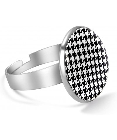 Black White Houndstooth Plaid Pattern Adjustable Rings for Women Girls, Stainless Steel Open Finger Rings Jewelry Gifts $10.4...