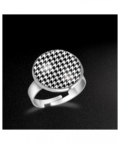 Black White Houndstooth Plaid Pattern Adjustable Rings for Women Girls, Stainless Steel Open Finger Rings Jewelry Gifts $10.4...