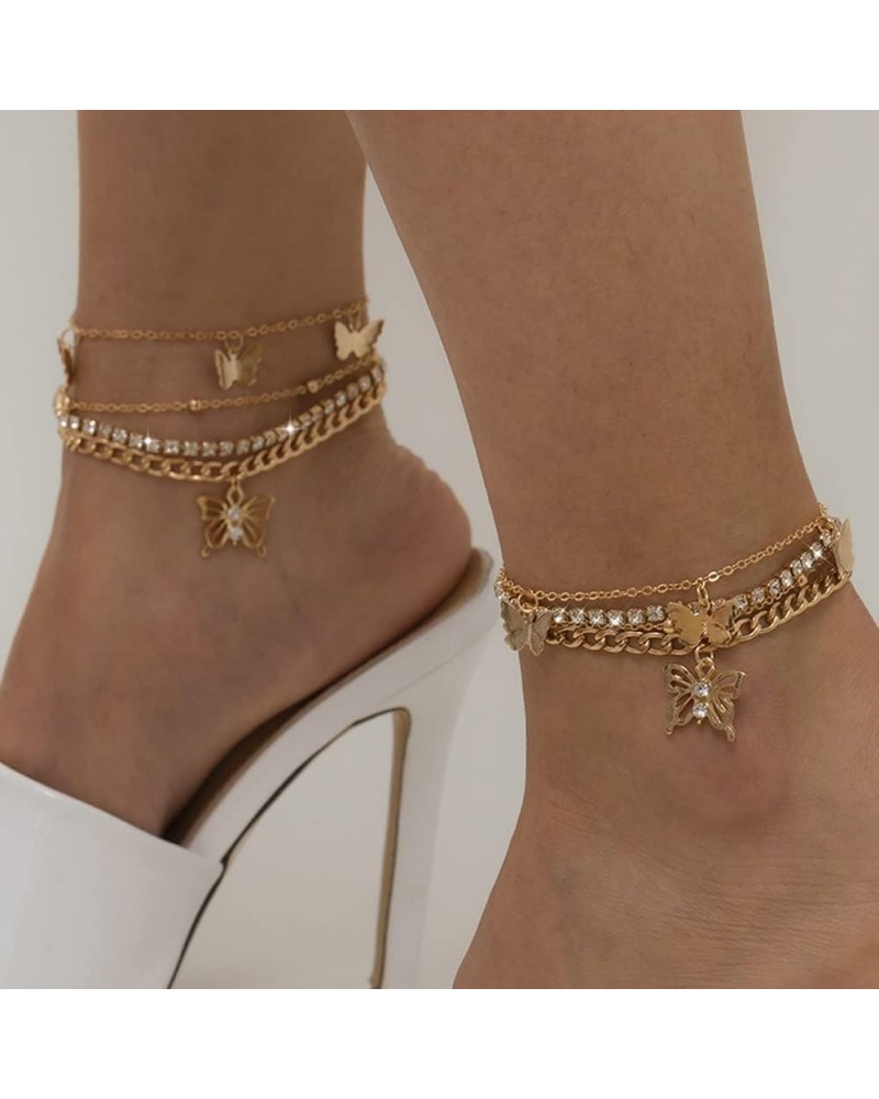 Boho Vintage Rhinestones Chunky Butterfly Ankle Bracelets Gold Silver Chain Beach Lock Anklet Bracelet Simple Adjustable Ankl...