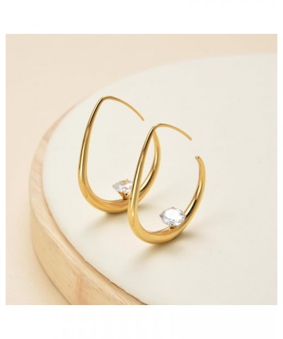 Stainless Steel Teardrop CZ Hoop Earrings for Women,14k Gold Plated Large Oval Pull Through Waterdrop Hoop Earrings Lightweig...