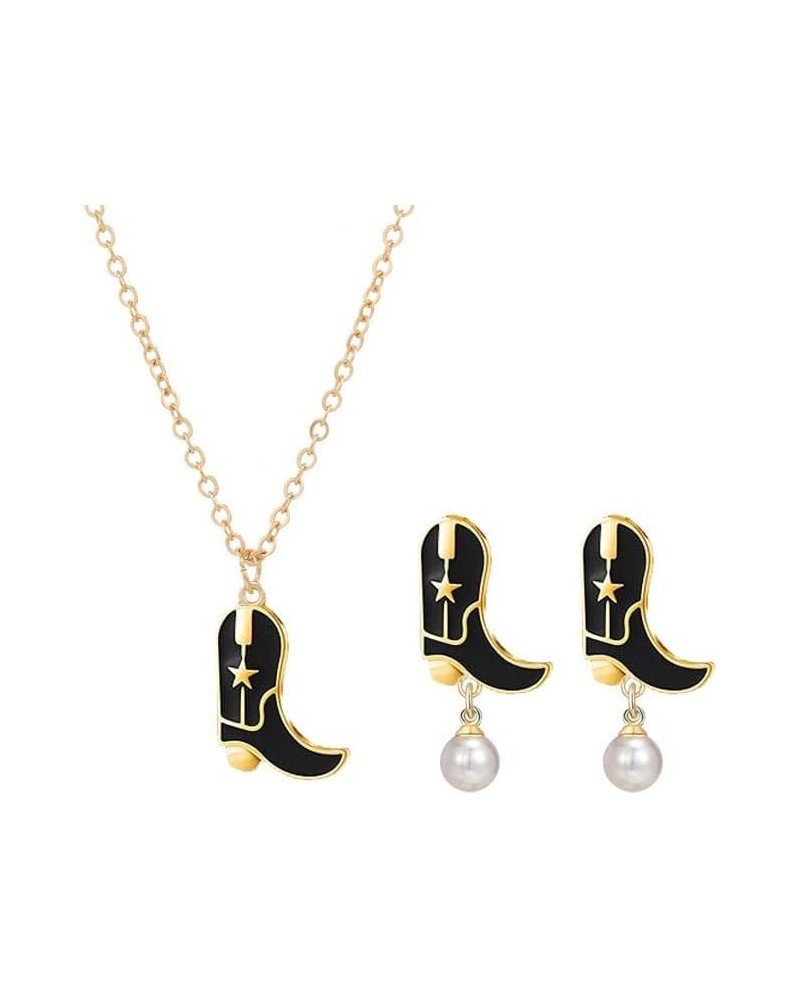 Cowgirl Boot Earrings and Necklace Set for Women Girls Dainty Fashion Western Cowboy Boots Chain Necklace 14K Gold Plated Cow...