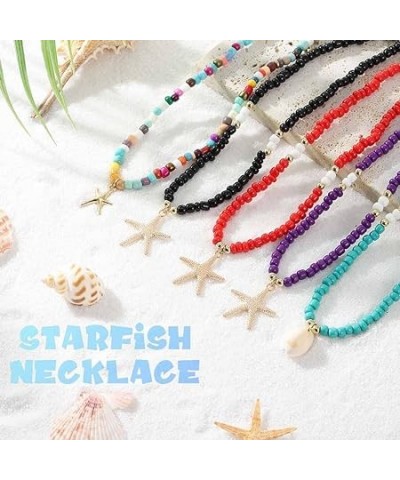 Boho Seed Beaded Necklace Shell Starfish Choker Necklaces Cute Summer Pendant Necklace Colorful Beach Necklace Chain for Wome...