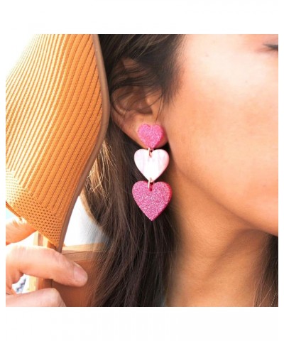 Hot Pink Heart Earrings for Women Girls Three Pink Lover Heart Dangle Earrings Red Pink Acrylic Dangle Earrings Valentine's D...