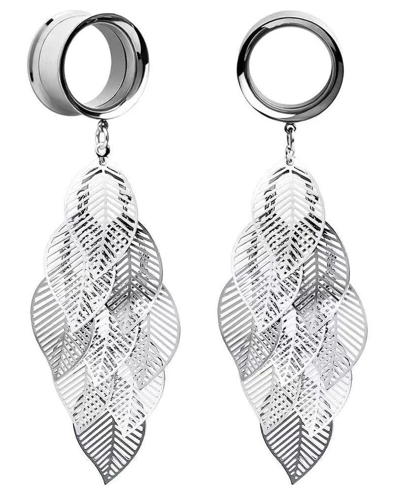 2pcs Stainless Steel Ear Dangle Gauges Handmade Leaf Shap Dangling Plugs and Tunnels for Ears Streched Size Gauge 2g to 1 inc...