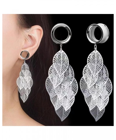 2pcs Stainless Steel Ear Dangle Gauges Handmade Leaf Shap Dangling Plugs and Tunnels for Ears Streched Size Gauge 2g to 1 inc...