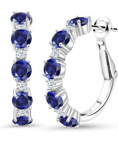 925 Sterling Silver Blue and White Created Sapphire Hoop Earrings For Women (2.82 Cttw, Round 4MM and 1.9MM, Gemstone Birthst...