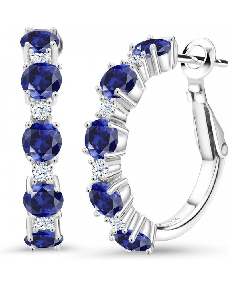 925 Sterling Silver Blue and White Created Sapphire Hoop Earrings For Women (2.82 Cttw, Round 4MM and 1.9MM, Gemstone Birthst...