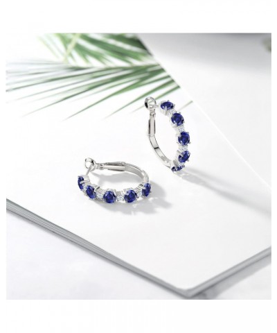 925 Sterling Silver Blue and White Created Sapphire Hoop Earrings For Women (2.82 Cttw, Round 4MM and 1.9MM, Gemstone Birthst...