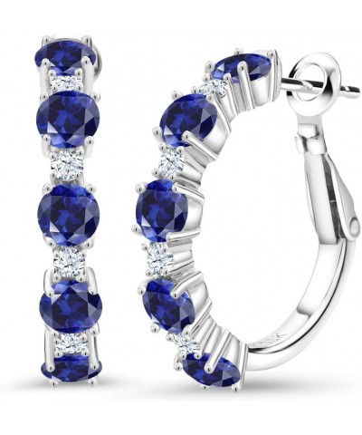 925 Sterling Silver Blue and White Created Sapphire Hoop Earrings For Women (2.82 Cttw, Round 4MM and 1.9MM, Gemstone Birthst...