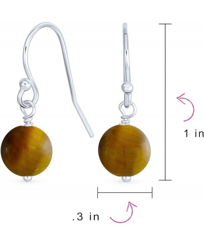 Simple Basic Gemstone Round 8MM Bead Ball Drop Dangle Earrings For Women Teen Secure French Fish Hook Wire .925 Sterling Silv...