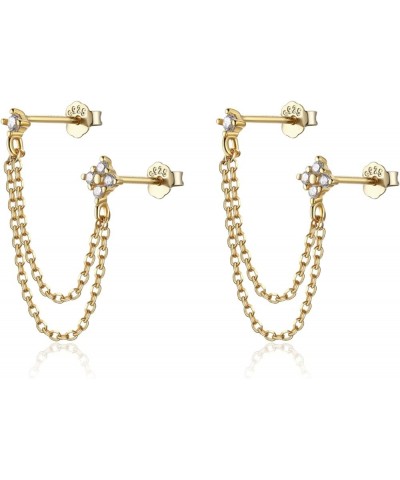 Double Piercing Earrings Silver Gold Cz Cubic Zirconia Stone Chain Link Dangle Stud Earrings Golden $10.90 Earrings