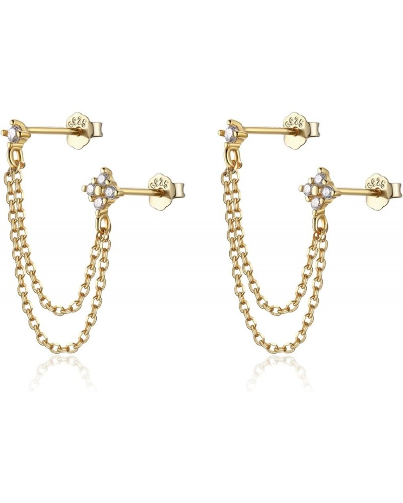 Double Piercing Earrings Silver Gold Cz Cubic Zirconia Stone Chain Link Dangle Stud Earrings Golden $10.90 Earrings