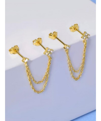 Double Piercing Earrings Silver Gold Cz Cubic Zirconia Stone Chain Link Dangle Stud Earrings Golden $10.90 Earrings