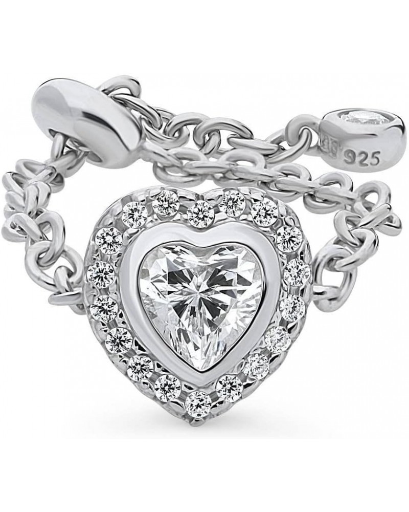 Sterling Silver Halo Heart Cubic Zirconia CZ Fashion Chain Ring for Women, Rhodium Plated $24.13 Rings