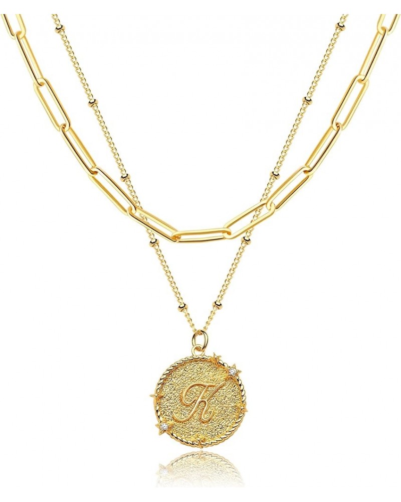 Gold Layered Initial Necklaces for Women 18K Gold Plated CZ Alphabet Coin Pendant Necklace Letter Disc Charm Necklace Persona...