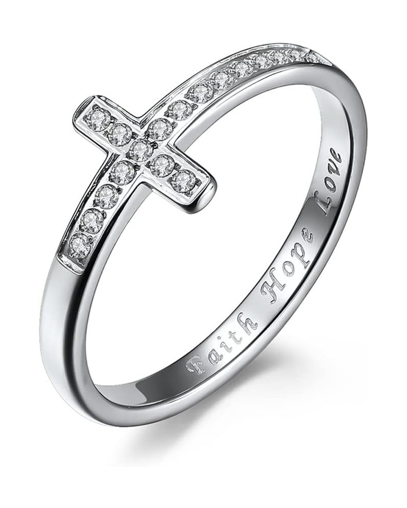 Stainless Steel Cubic Zirconia Faith Hope Love Sideways Cross Ring for Women Girls Inspirational Jewelry Silver $10.35 Others