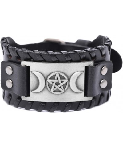 Triple Moon Goddess Wicca Pentagram - Vintage Nordic Scandinavian Leather Bracelet Black $9.17 Bracelets