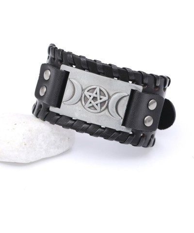 Triple Moon Goddess Wicca Pentagram - Vintage Nordic Scandinavian Leather Bracelet Black $9.17 Bracelets