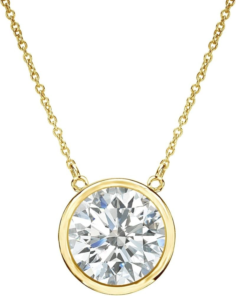 14k Yellow Gold Round Simulant CZ Solitaire Diamond Pendant Necklace (1/5-1cttw, Excellent Quality) Bezel-set, 16-inch Link C...