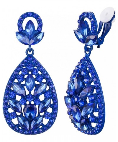 Clip On Earrings for Women Rhinestone Crystal Wedding Bridal Bohemia Teardrop Chandelier Dangle Earrings Royal Blue Color Blu...