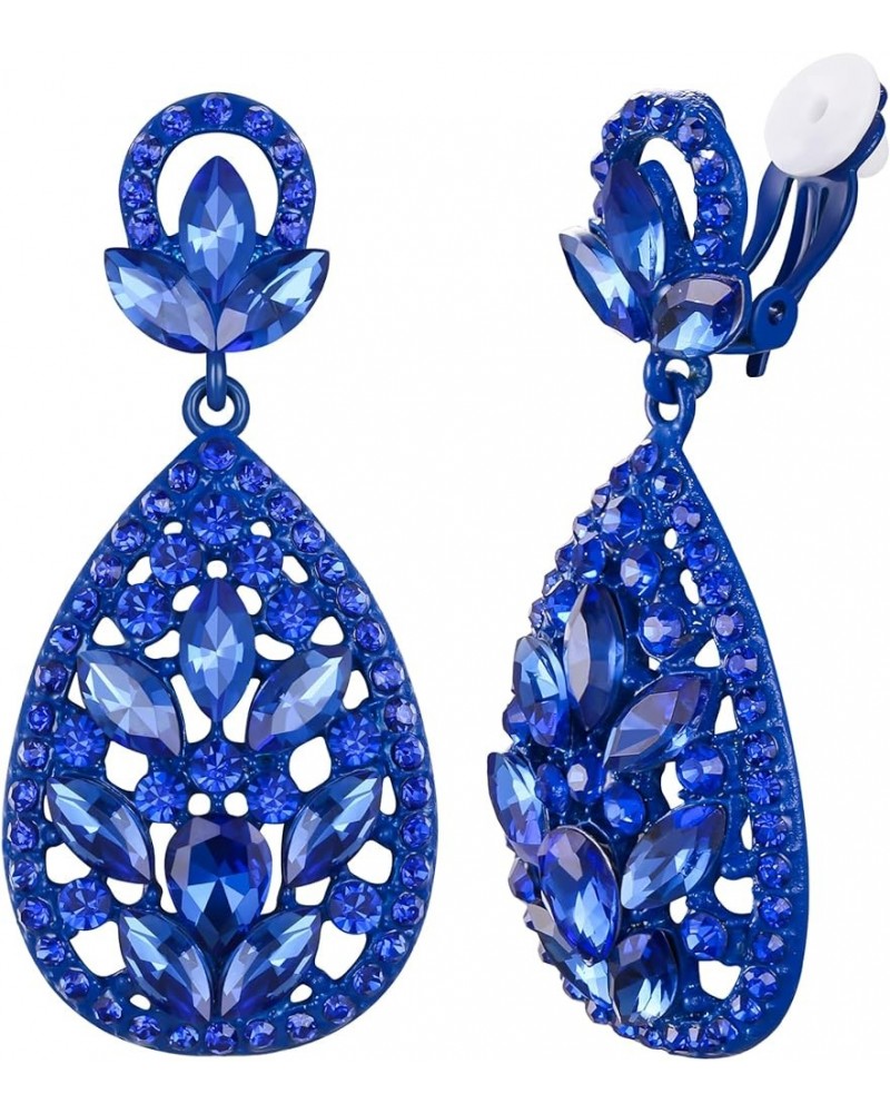 Clip On Earrings for Women Rhinestone Crystal Wedding Bridal Bohemia Teardrop Chandelier Dangle Earrings Royal Blue Color Blu...