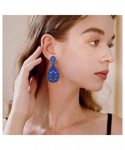 Clip On Earrings for Women Rhinestone Crystal Wedding Bridal Bohemia Teardrop Chandelier Dangle Earrings Royal Blue Color Blu...