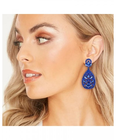 Clip On Earrings for Women Rhinestone Crystal Wedding Bridal Bohemia Teardrop Chandelier Dangle Earrings Royal Blue Color Blu...