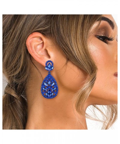 Clip On Earrings for Women Rhinestone Crystal Wedding Bridal Bohemia Teardrop Chandelier Dangle Earrings Royal Blue Color Blu...